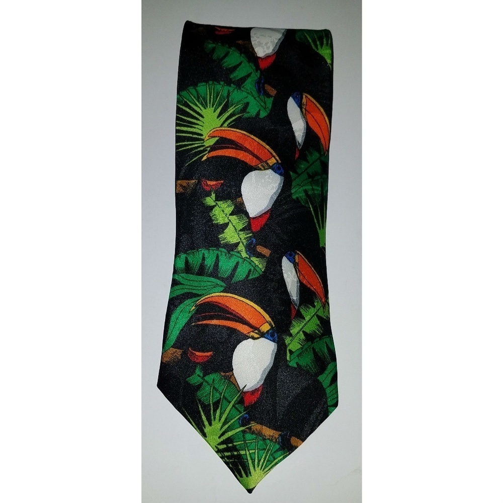 Toucans Birds Surrey Neck Tie 57" Polyester Black Green Orange Tropical Vacation